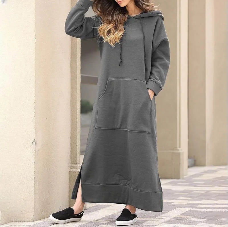women's hoodies Hoodies Dress for Women Fashion  2024 Hem Lace-up Midi Robe Hooded Long Vestidos Winter Warm Casual Loose Sweatshirt Dress