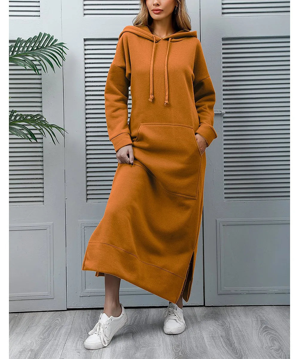 women's hoodies Hoodies Dress for Women Fashion  2024 Hem Lace-up Midi Robe Hooded Long Vestidos Winter Warm Casual Loose Sweatshirt Dress