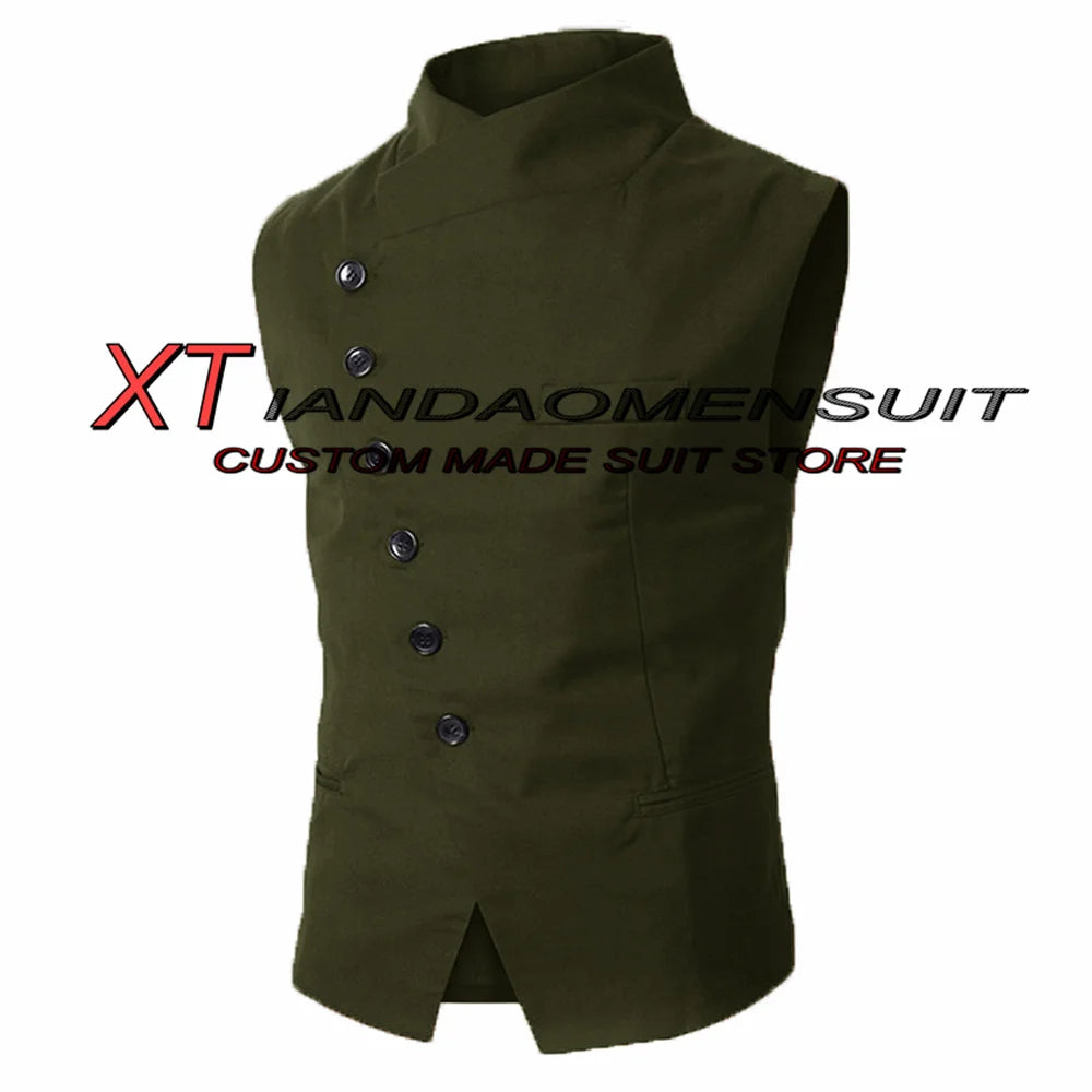 Men's Suit Vest Stand Collar Steampunk Sleeveless Jacket Male Wedding Groom Vests Retro Slim Fit Waistcoat