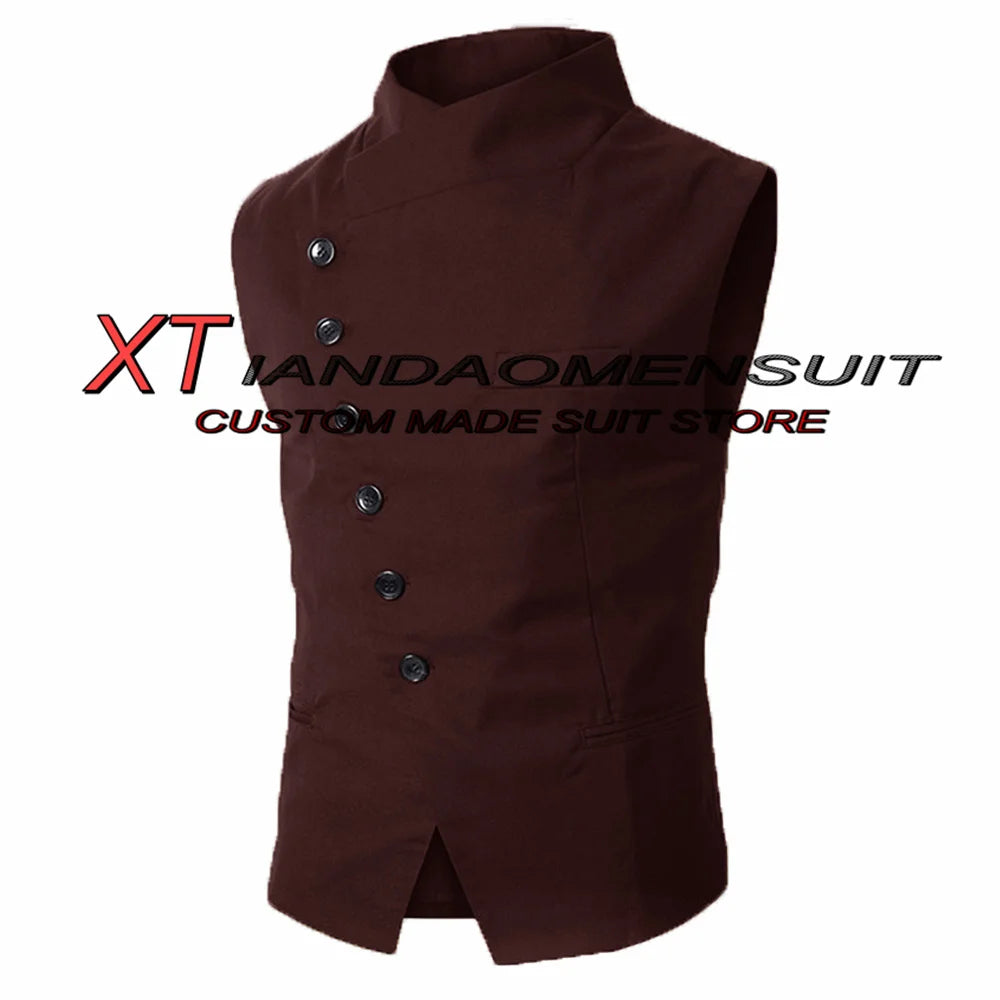 Men's Suit Vest Stand Collar Steampunk Sleeveless Jacket Male Wedding Groom Vests Retro Slim Fit Waistcoat