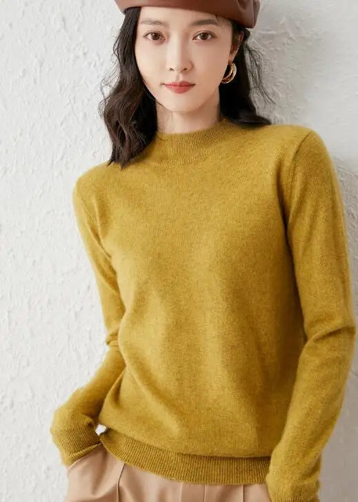 Winter wool sweater for women's soft solid color long-sleeved knitted sweater