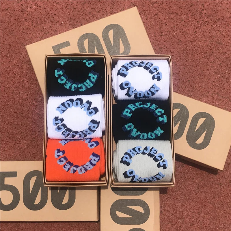 Man's Socks Fashion Hot Sale Men Women Fashion Personality  Solid color  3D letter Hip Hop Match Tidal Youth Socks 3 Pairs/Box