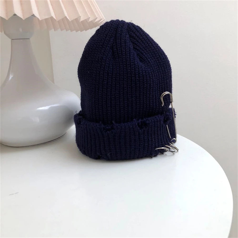 Hat for Women Autumn and Winter Ring Pin Street Hip-Hop Woolen Hats with Holes Edging Knit Cap Men's Trendy Cold-proof Beanies