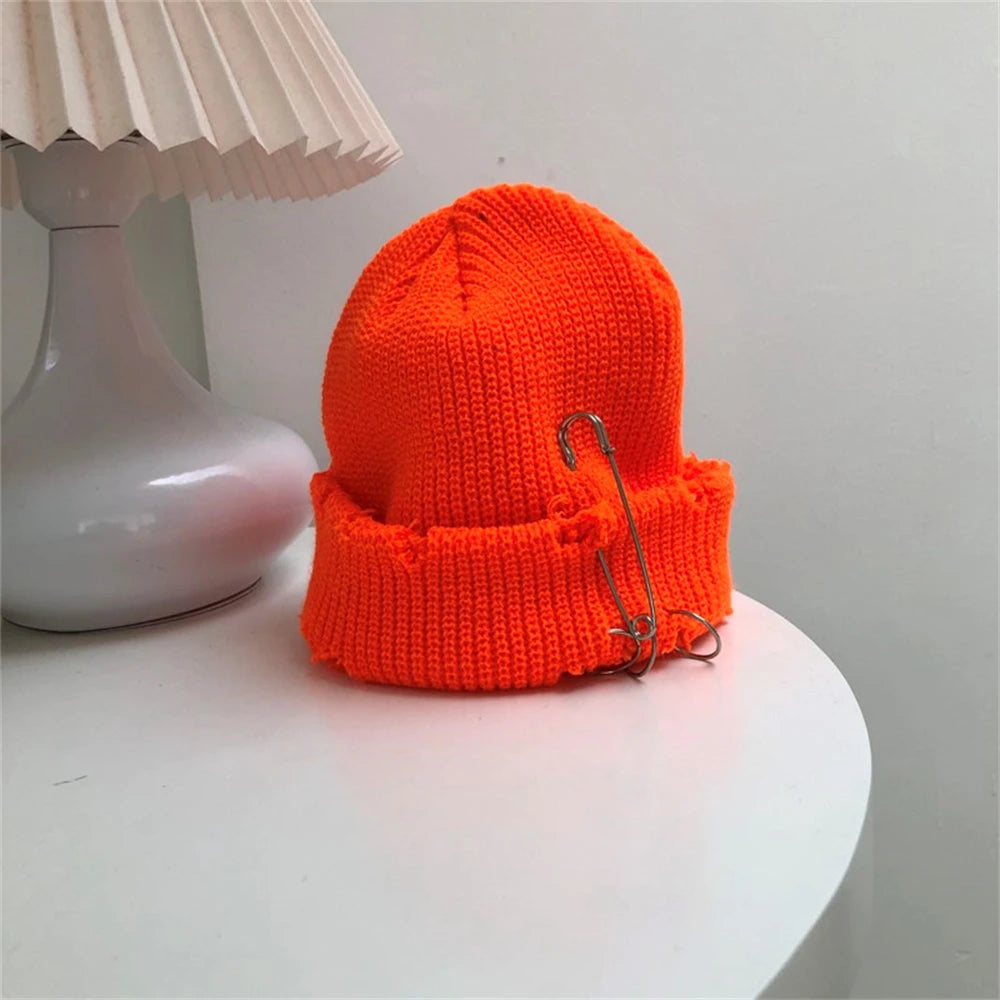 Hat for Women Autumn and Winter Ring Pin Street Hip-Hop Woolen Hats with Holes Edging Knit Cap Men's Trendy Cold-proof Beanies