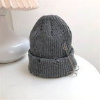 Hat for Women Autumn and Winter Ring Pin Street Hip-Hop Woolen Hats with Holes Edging Knit Cap Men's Trendy Cold-proof Beanies
