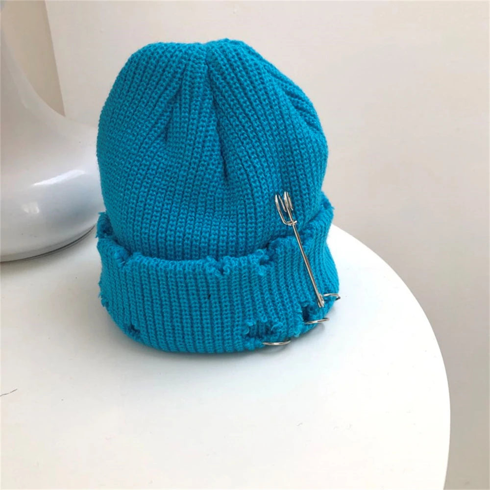 Hat for Women Autumn and Winter Ring Pin Street Hip-Hop Woolen Hats with Holes Edging Knit Cap Men's Trendy Cold-proof Beanies