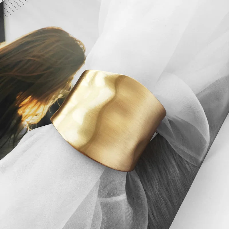 Wide Bangles Minimalist Asymmetric Alloy Matte Gold Color Bracelets Women Accessories Fashion Jewellery Engagement Party Gift