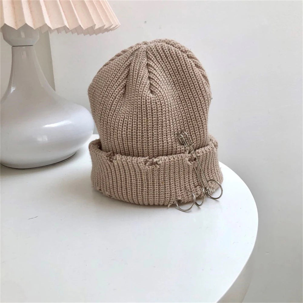 Hat for Women Autumn and Winter Ring Pin Street Hip-Hop Woolen Hats with Holes Edging Knit Cap Men's Trendy Cold-proof Beanies