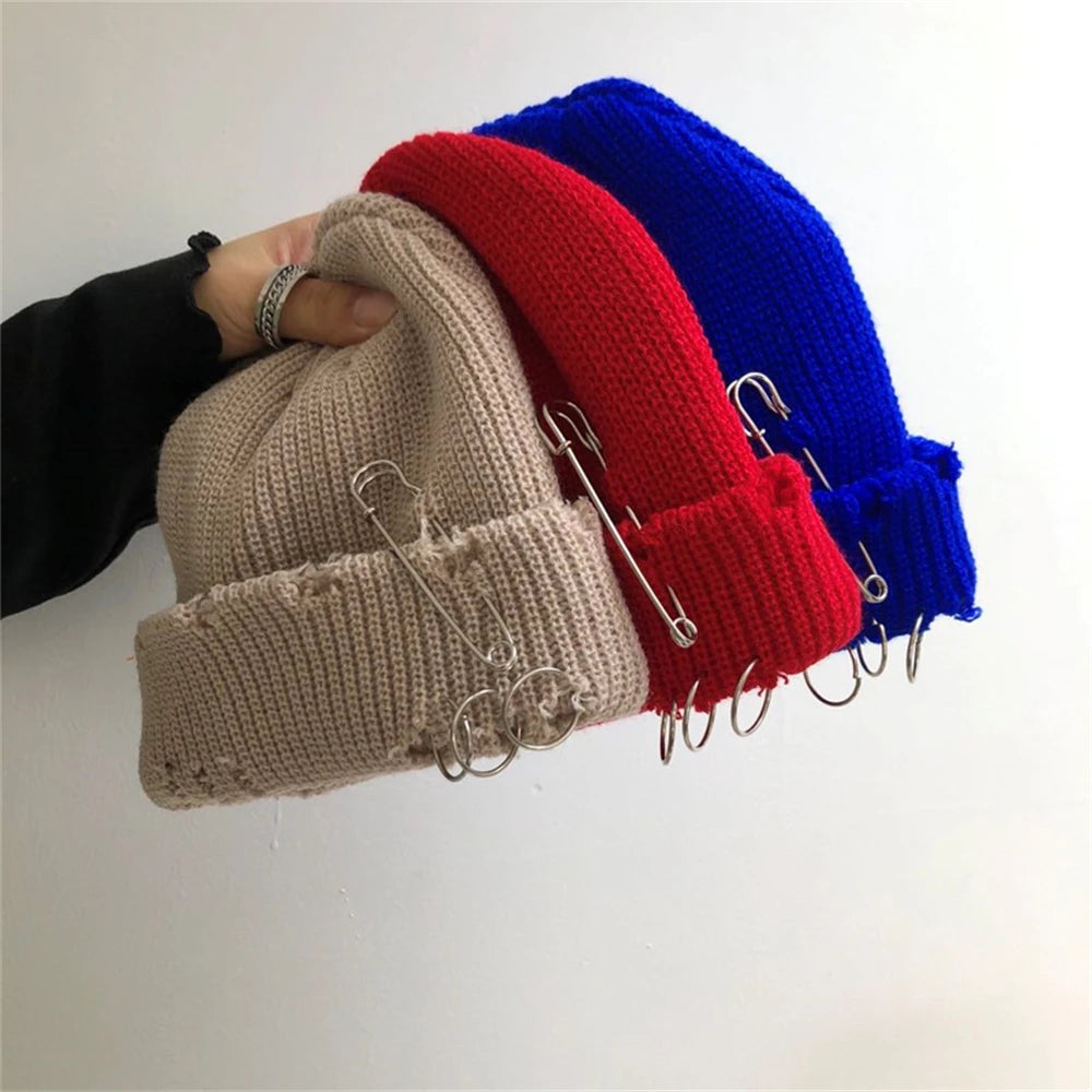 Hat for Women Autumn and Winter Ring Pin Street Hip-Hop Woolen Hats with Holes Edging Knit Cap Men's Trendy Cold-proof Beanies