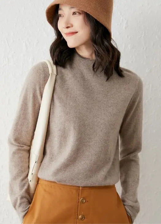 Winter wool sweater for women's soft solid color long-sleeved knitted sweater