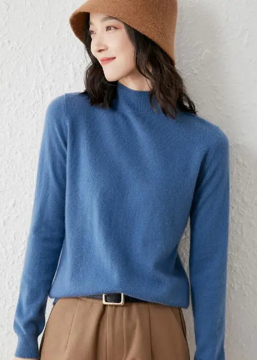 Winter wool sweater for women's soft solid color long-sleeved knitted sweater