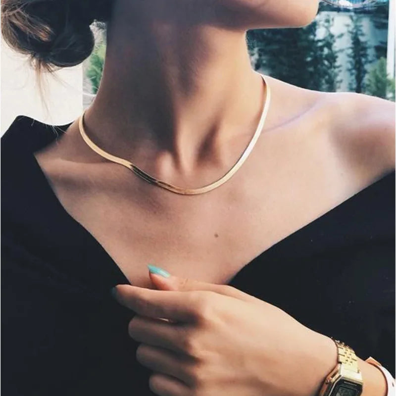 Fashion  Blade Chain on Neck Choker Necklace Women Sexy Flat Snake Chain Jewelry Gift Clavicle Necklace