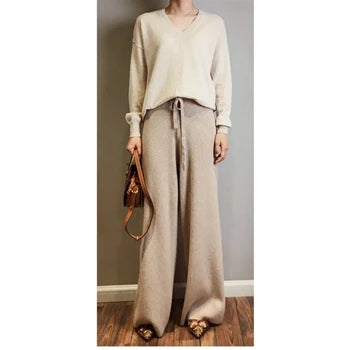 Women Pants 2020 New Winter Soft Waxy Comfortable High-Waist Cashmere Knitted Trousers Female Solid Color Casual Wide Leg Pants