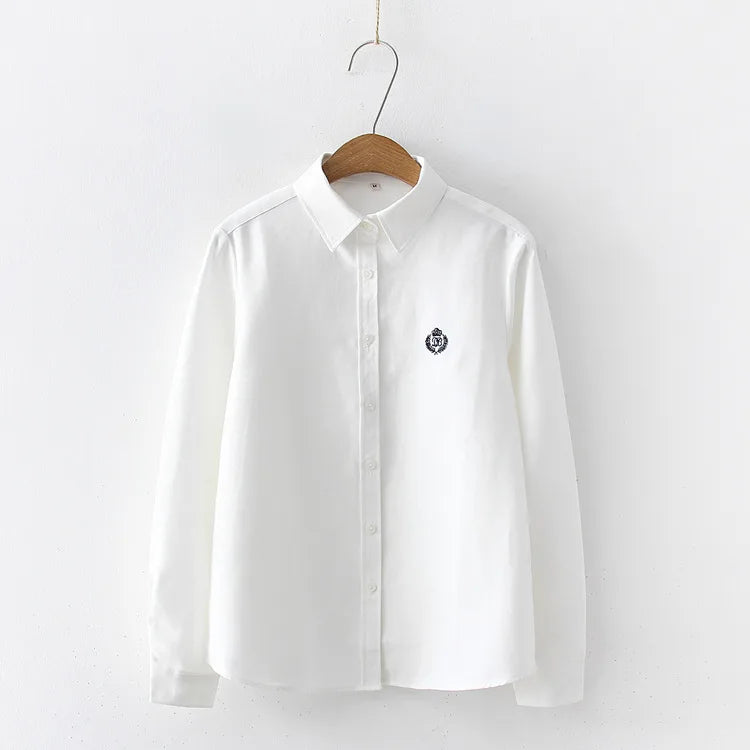Blouses Woman 2021 Fashion Spring New Women Youth Simple Solid Color Embroidery Long Sleeve Shirt Cotton Casual Lady Blouse Tops