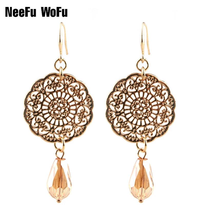 Drop Earrings Dangle Bohemian Metal Carving Hollow Pattern Crystal Water Charm 2023 New Hot Fashion Jewelry Accessories Brand Ms