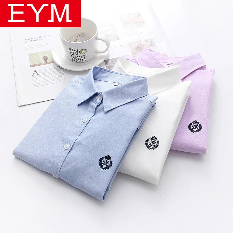 Blouses Woman 2021 Fashion Spring New Women Youth Simple Solid Color Embroidery Long Sleeve Shirt Cotton Casual Lady Blouse Tops