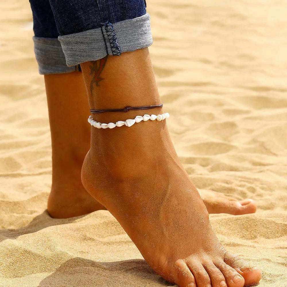 Anklets for Women Shell Foot Jewelry Summer Beach Barefoot Anklet Bracelet on leg Female Leather Anklet Set Bohemian Leg Chain
