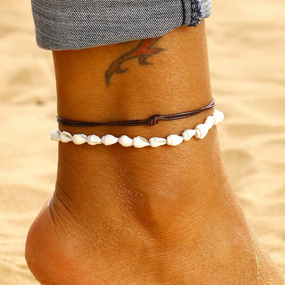 Anklets for Women Shell Foot Jewelry Summer Beach Barefoot Anklet Bracelet on leg Female Leather Anklet Set Bohemian Leg Chain