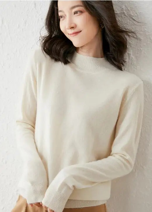 Winter wool sweater for women's soft solid color long-sleeved knitted sweater