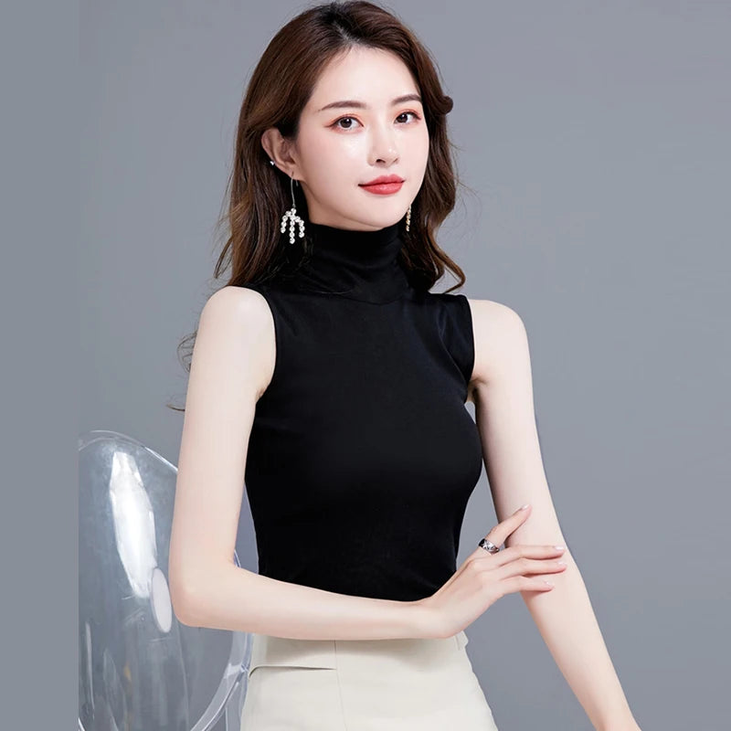 Summer Tops For Women 2025 Turtleneck Basic Sleeveless Lace Tank Tops Women Female Top Korean Tees Black White Blue