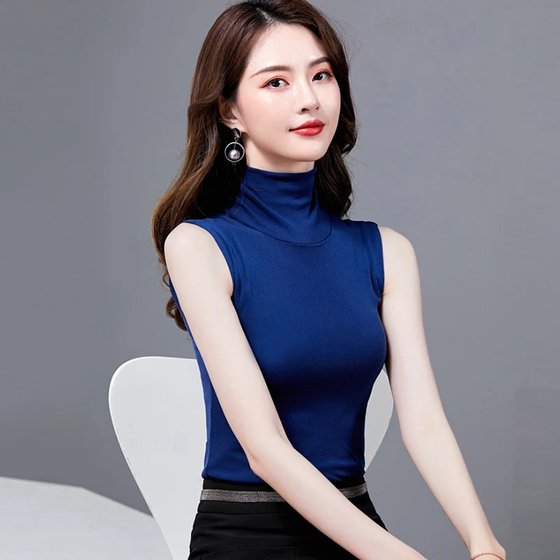 Summer Tops For Women 2025 Turtleneck Basic Sleeveless Lace Tank Tops Women Female Top Korean Tees Black White Blue