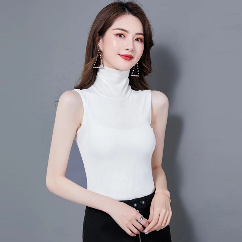 Summer Tops For Women 2025 Turtleneck Basic Sleeveless Lace Tank Tops Women Female Top Korean Tees Black White Blue