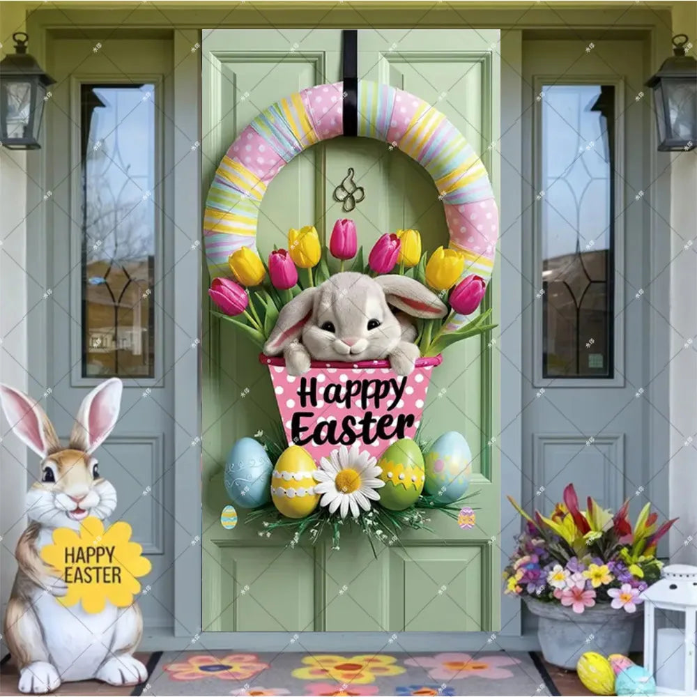 Spring Easter Theme Charming Rabbit On The Toilet Grass Flower Eggs Door Banner Cover Backdrop Easter Festival Party Porch Decor