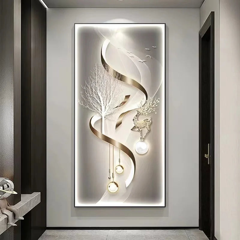 Living room decoration painting, modern minimalist high-end feeling, illuminated corridor with hanging paintings and lights