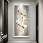 Living room decoration painting, modern minimalist high-end feeling, illuminated corridor with hanging paintings and lights