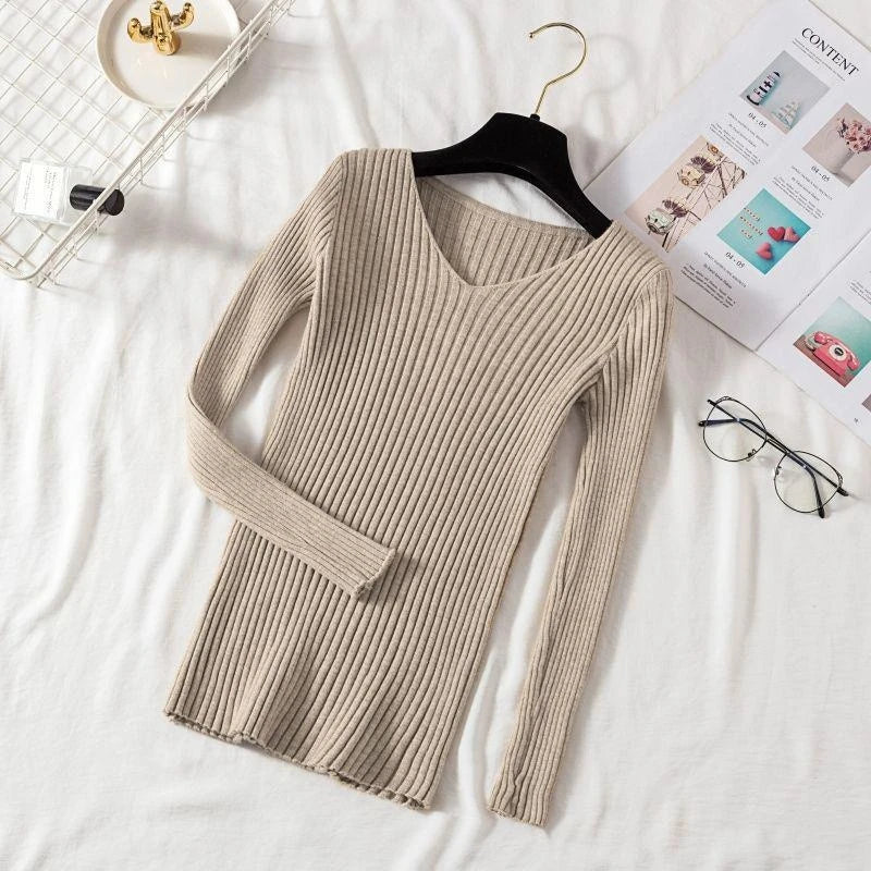 Sweater Autumn and Winter  Long Sleeved Tight Versatile Low-neck Bottoming Shirt Women's Slim Pullover Knitted Sweater  Women