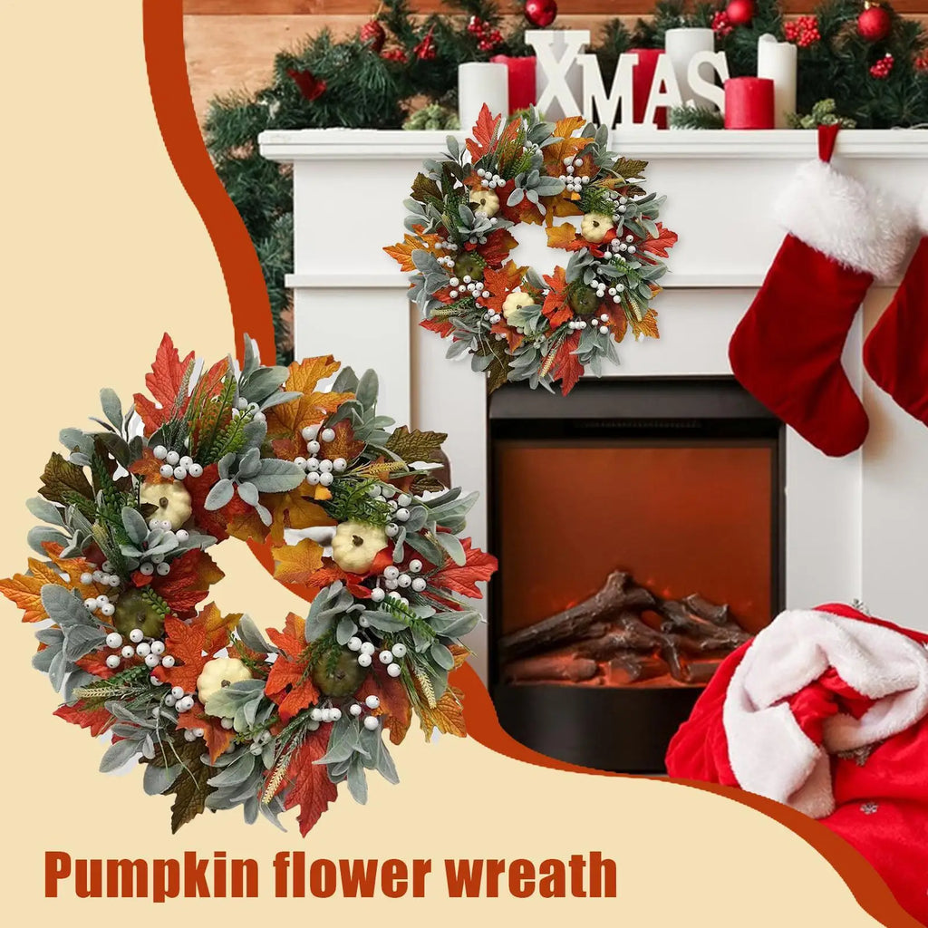 Autumn Wreath 45cm Fall Wreaths Pumpkin Berry Maple Leafs Artificial Wreath Harvest Autumn Front Door Wreath Halloween Decor