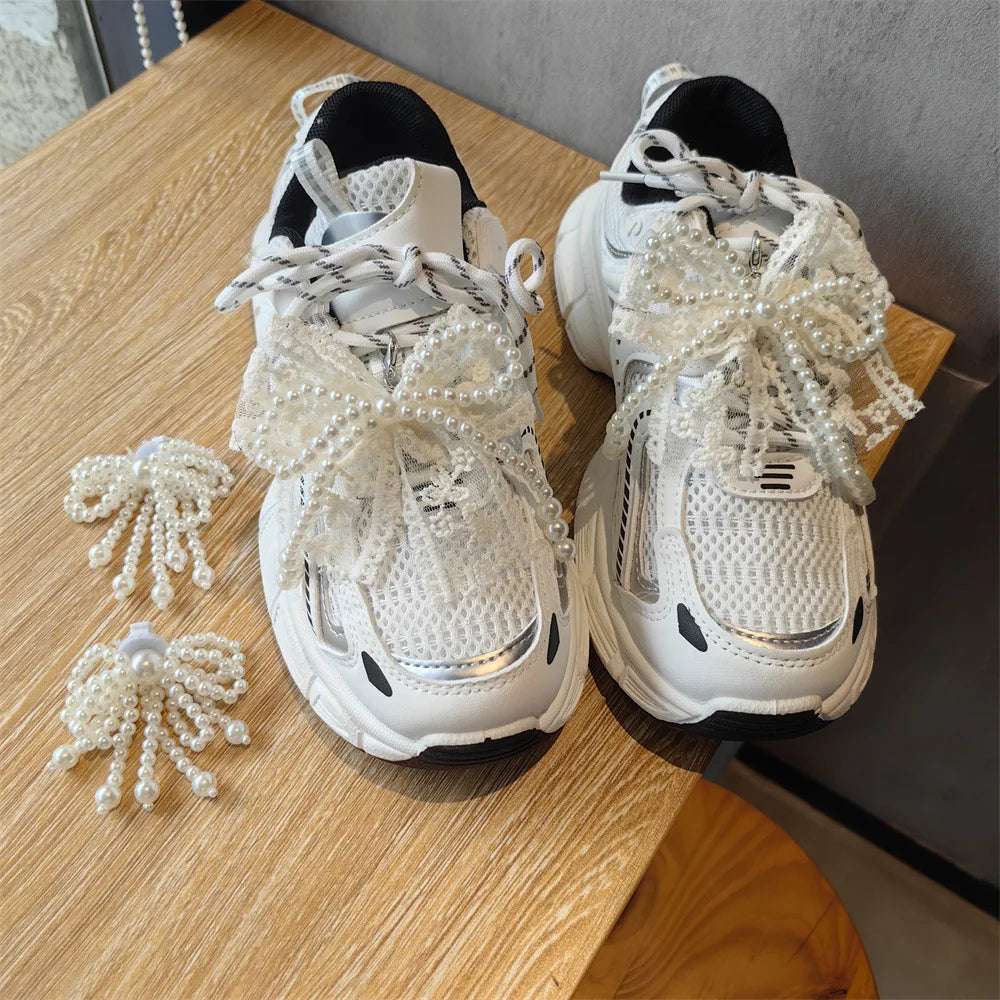Fashion Lace pearl bow Shoe laces Charms for Sneakers Decorative Shoe Flower Buckle Premium Decorative Shoe Charm Accessories