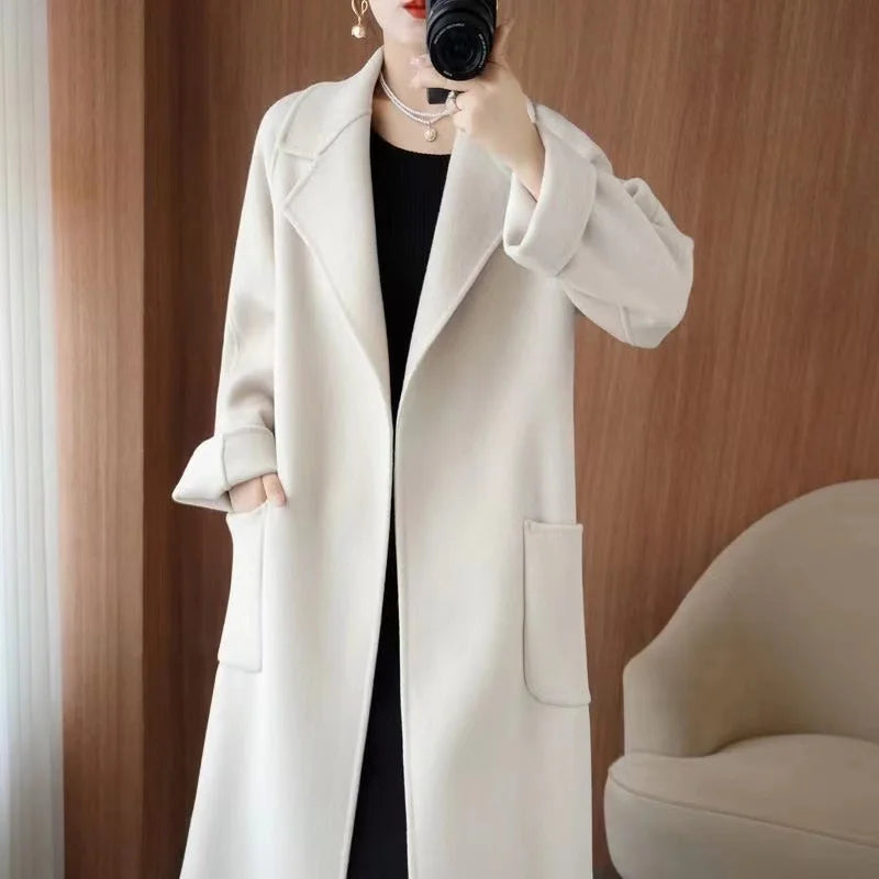 2024 Women's Wear 100% Wool Coat Autumn/Winter Fashion Temperament Double sided Cashmere Coats with Belt Elegant Long Overcoat