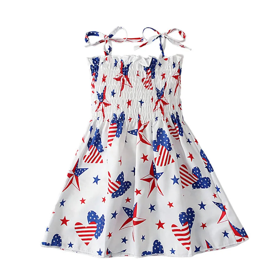 Charming 4th of July Summertime Girls Casual Dresses Sling Patriotic Pattern and Cartoon Printed Playful Butterflies and Stars