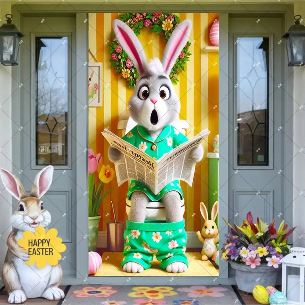 Spring Easter Theme Charming Rabbit On The Toilet Grass Flower Eggs Door Banner Cover Backdrop Easter Festival Party Porch Decor