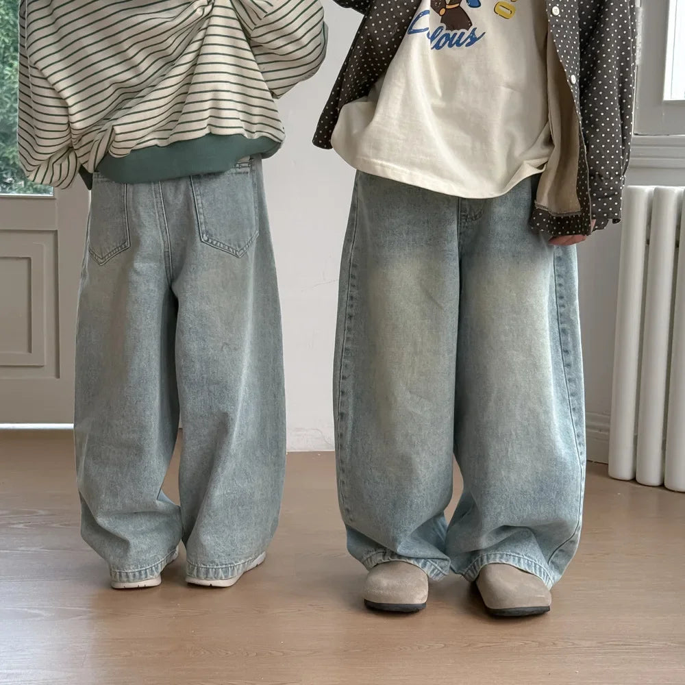 Children Pants 2025 Spring Boys and Girls Korean Solid Casual Denim Straight Leg Pants Children Versatile Loose Wide Leg Pants