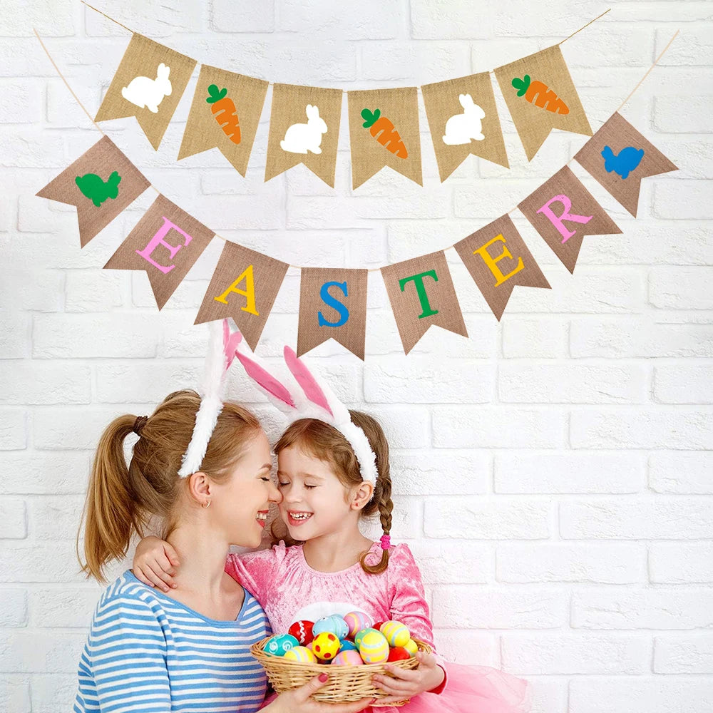Easter Decoration Burlap Banner Cute Rabbit Carrot Hanging Garland for Easter Party Holiday Home Decoration Wall Decors Supplies