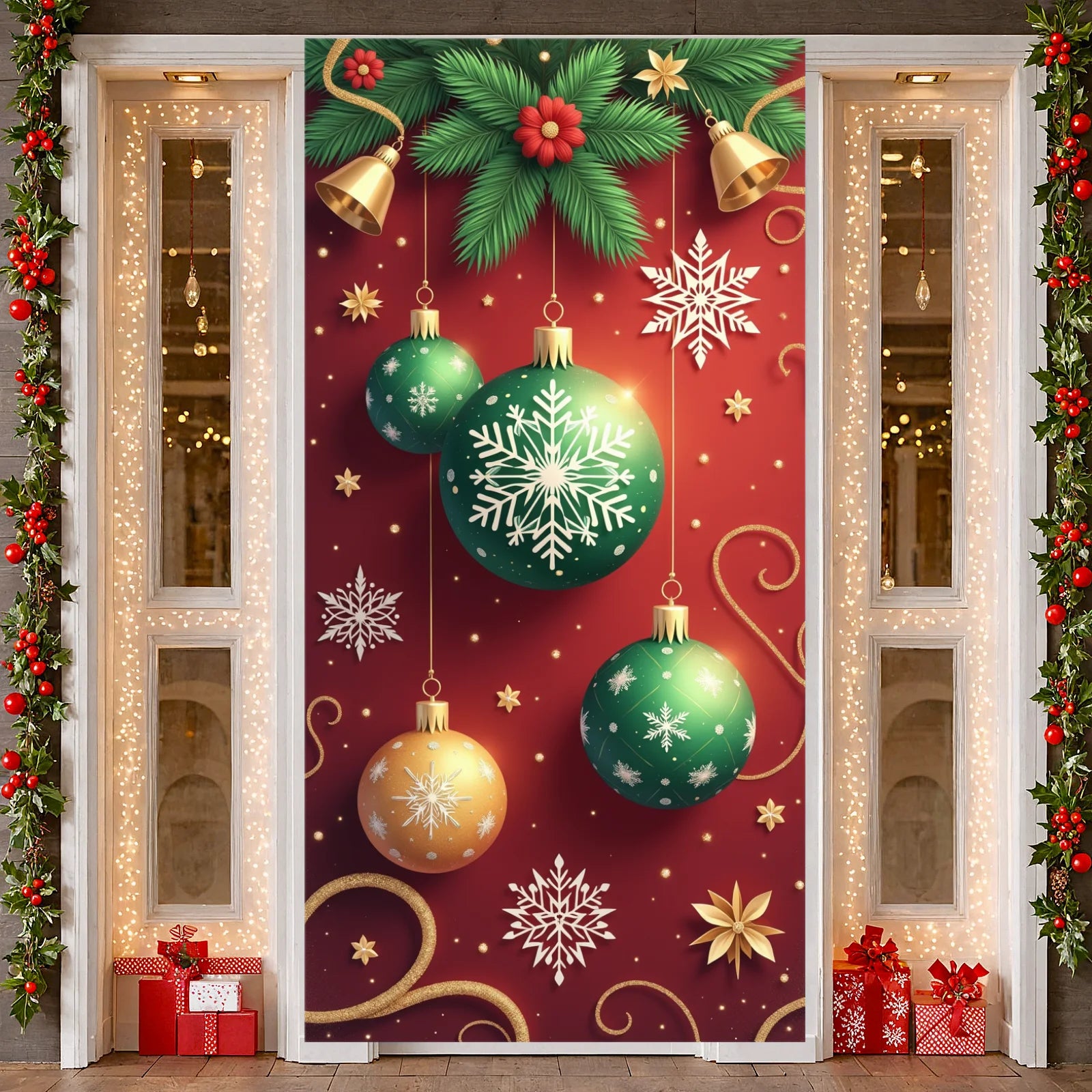 Christmas Banner Red Ornaments Holiday Decoration Snowflake Pattern Winter Festivities for Home Decoration Holiday Celebration I