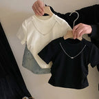 Children T-shirtTide Childrens Clothing New Girl Design Sense T-shirt Tops Versatile Bow Knot Cowboy Short Skirt 2024 Round Collar