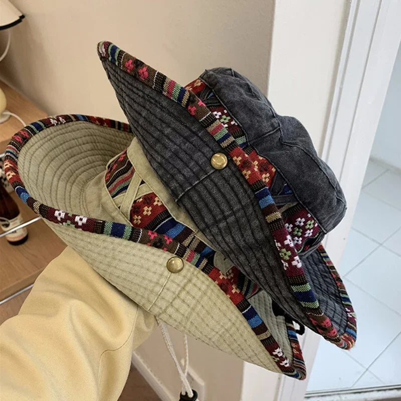 Summer Bucket Hats Retro Printing Cowboy Cap Men Women Outdoor Fishing Hiking Hat Anti UV Sun Caps Cotton Wide Brim Panama Hat