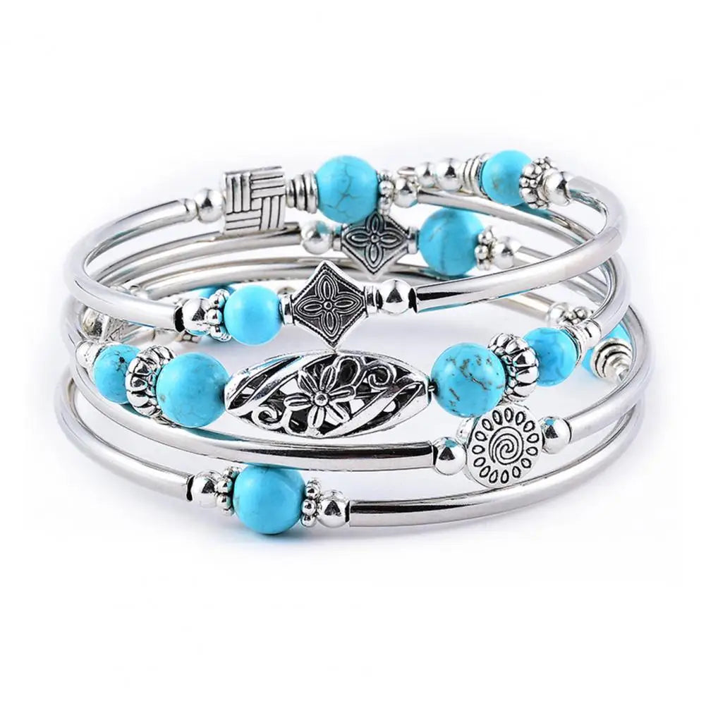 Women Bangle Natural Stones Ethnic Multi Layered Retro Blue Turquoise Beads Wrap Bracelet Jewelry Accessories