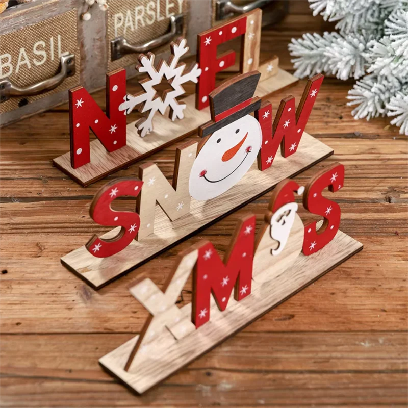 Christmas Decorations  English Signs Wooden Decorative Ornaments Elderly People Snowmen Desktop Counter Ornaments Without Lights