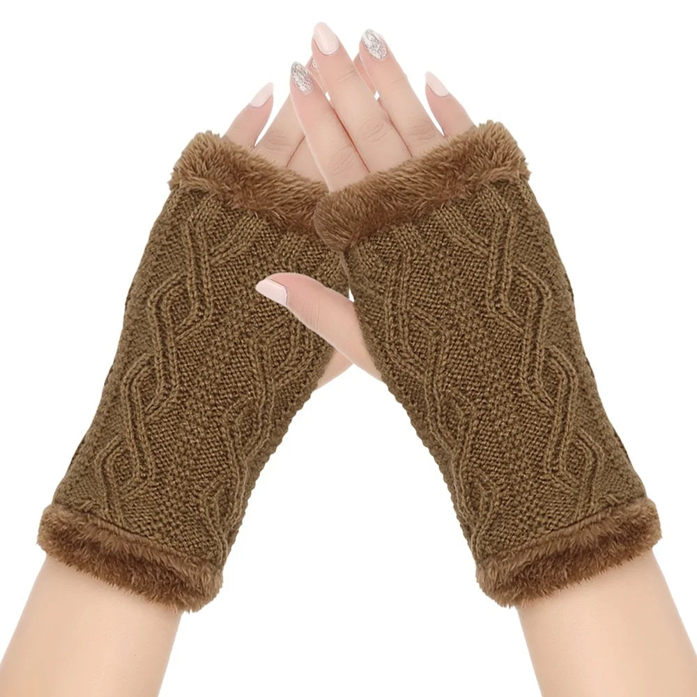 Winter Half Palm Glove For Womens Girls Knitted Fingerless Hand Mitten Fuzzy Fleece Lined Wrist Warmer Solid Color Armer Warmer