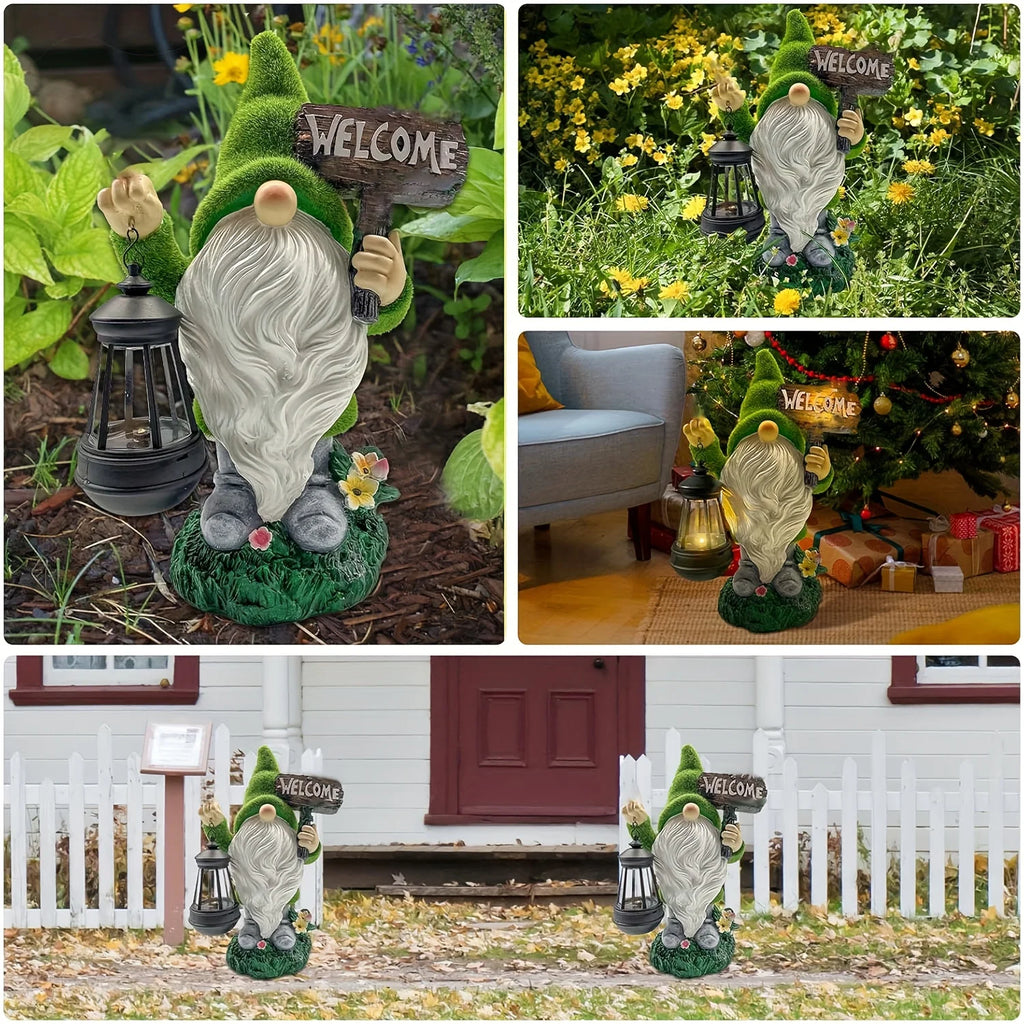 Garden Gnome Statue Outdoor Decor Large Flocked Resin Gnome Figurine with Solar Light Holding Lantern Welcome Sign