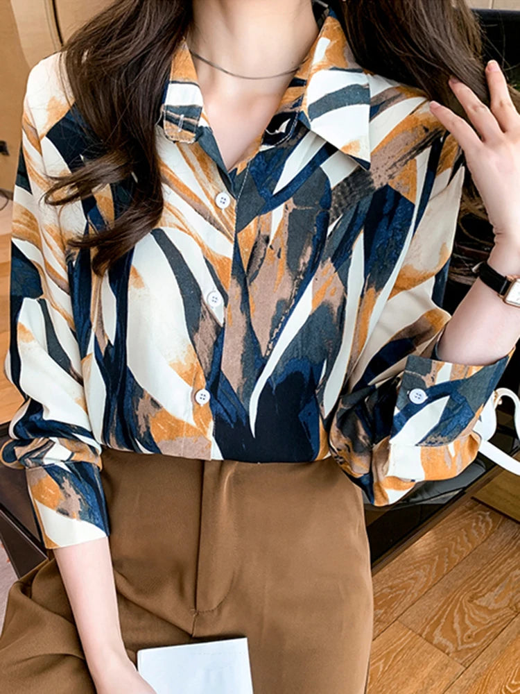 Women Blouse Autumn 2025 Top Vintage Button Up Shirts Female Blouses chic Long Sleeve Chiffon Printing Office Lady tops