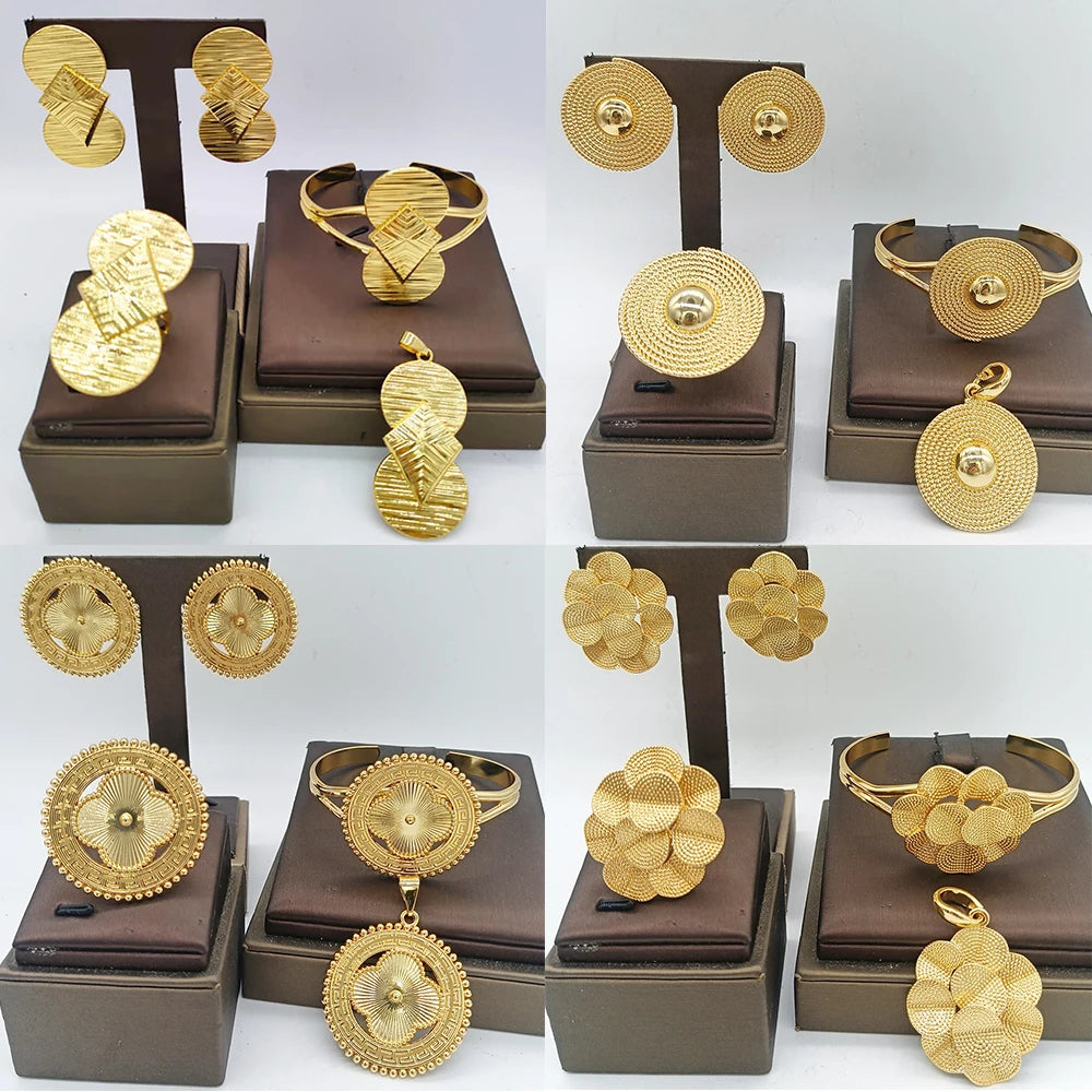 4Sets Jewelry Sets for Women Bridal Luxury African Map Pendant Gold Color Earrings Cuff Bangles Adjustable Ring Wedding Gifts