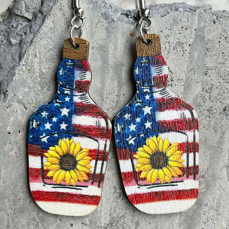 New American Independence Day Earrings July 4th Festival Decoration Western Cowboy Sun Flower Boots Cowhead Hat Wooden Ear Rings