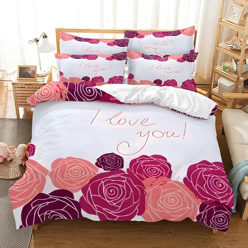 Valentine's Day I Love  style Digital Printed Duvet Set - Polyester - Bedroom Decor -1 bed cover +2 pillowcases (no pillow core)