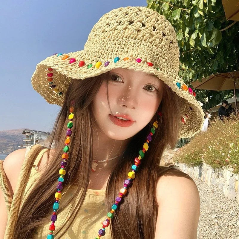 Ladies' Bucket Hats Bohemian Style Straw Weaving Hollow Korean Sweet Verstaile Big Brim Sunshade Hats Vacation Beach Bucket Hats