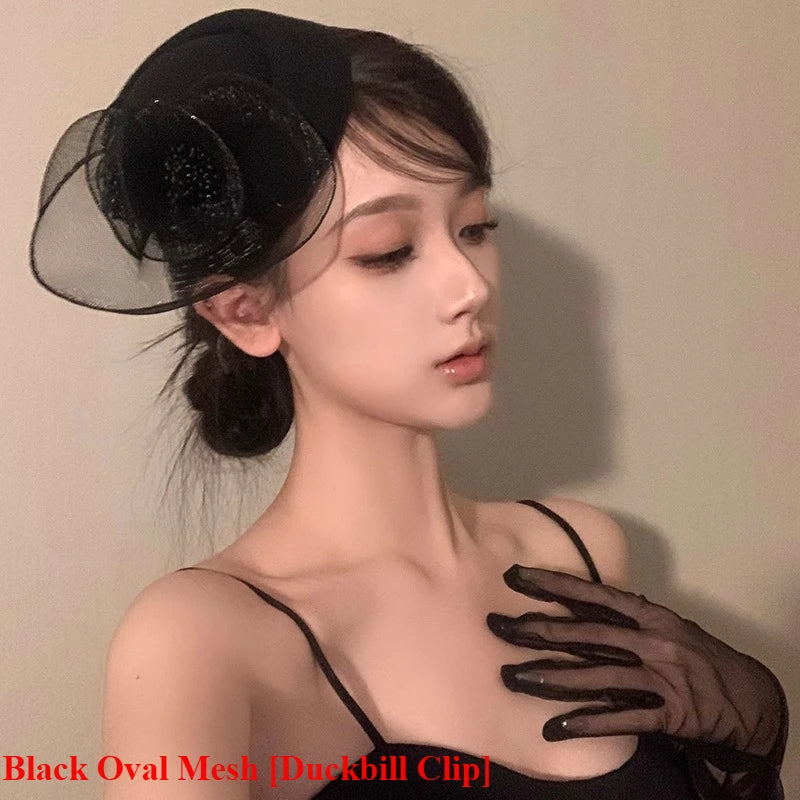 Gothic Subcultur Lace Bow Veil Small Fedoras Hats for Women Harajuku Lolita Feather Floral Fascinator Headband Hat Accessories